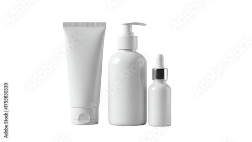 White Skincare Bottles and Tube Set on Transparent Background Minimalist Cosmetic Packaging