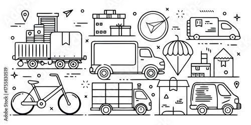 Collection of hand-drawn delivery transportation vehicles and logistics elements