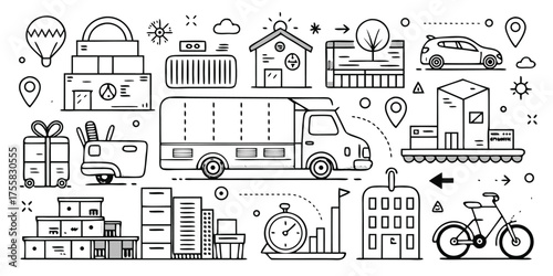 Doodle art of transportation vehicles buildings and delivery logistics icons for creative projects