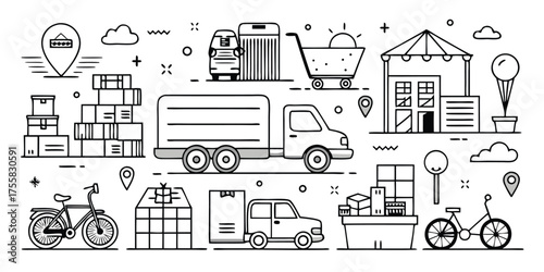 Diverse delivery and logistics icons showing transportation methods warehousing and package handling