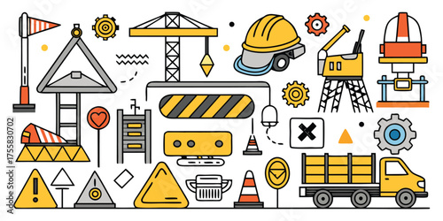 Construction site elements collection truck crane safety helmet and warning signs for projects
