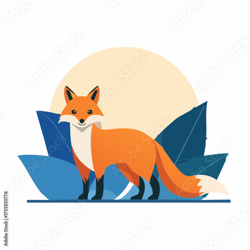 Charming illustration of a red fox standing amidst stylized foliage, with a warm sunlit glow in the background, perfect for nature and wildlife themes