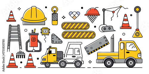 Collection of construction vehicles equipment safety gear and tools for building projects
