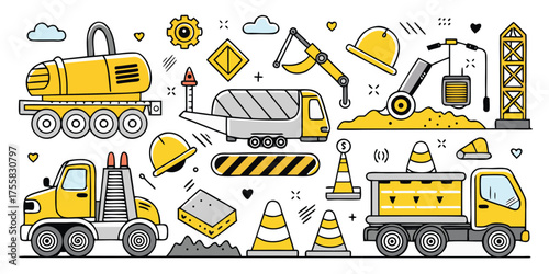 Colorful cartoon construction vehicles and equipment for children's projects