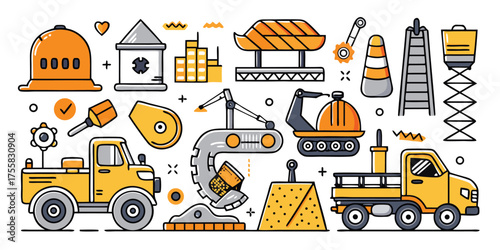 Construction site collection yellow vehicles equipment building materials and safety gear clip art