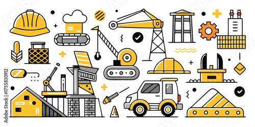 Construction and transportation icons featuring cranes trucks and safety gear for industry projects
