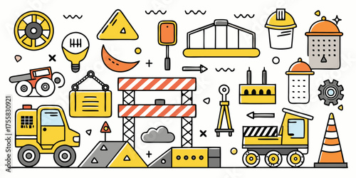 Construction vehicles and safety gear doodle collection for building projects