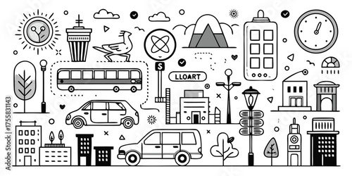 Doodle collection of city life elements vehicles buildings and transportation methods