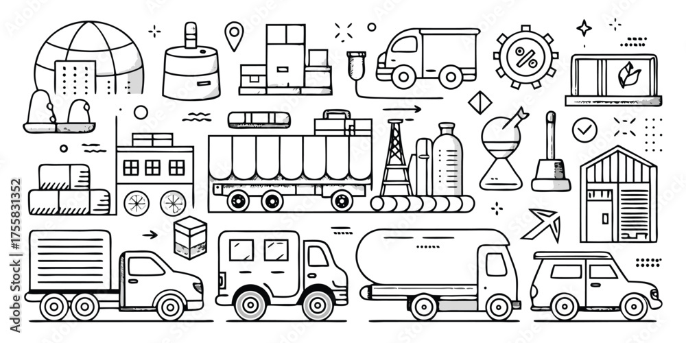 Fototapeta premium Diverse transportation and logistics icons collection for commercial and industrial use