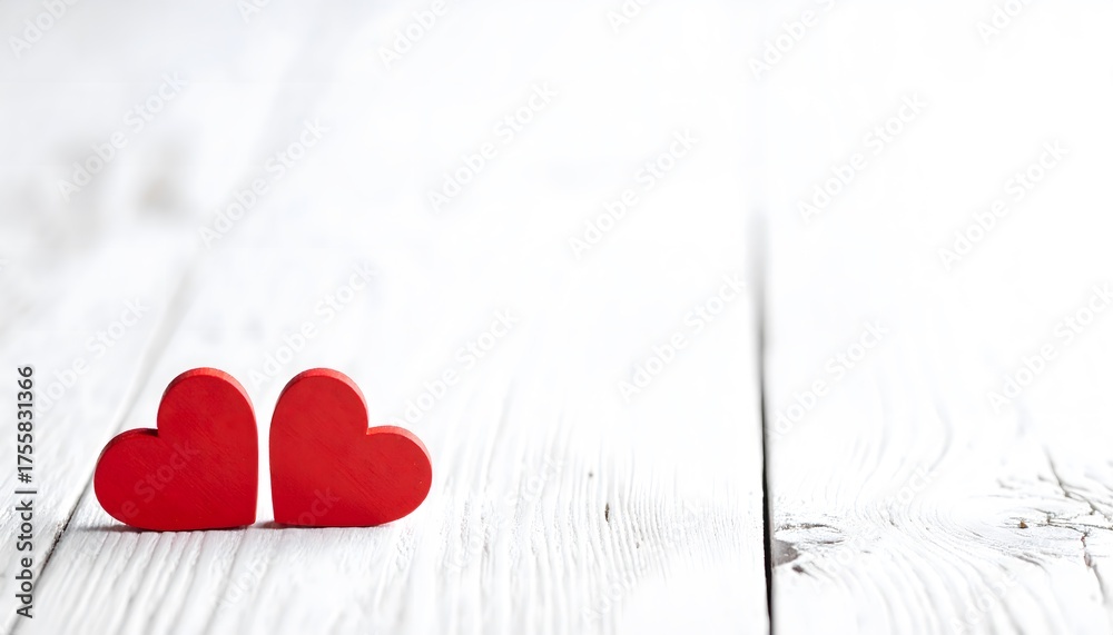 Fototapeta premium Two vibrant red hearts nestled together on a clean white wooden surface, perfect for romantic themes and declarations of love