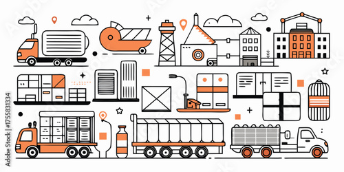 Creative collection of transportation and logistics vehicles and buildings for delivery services