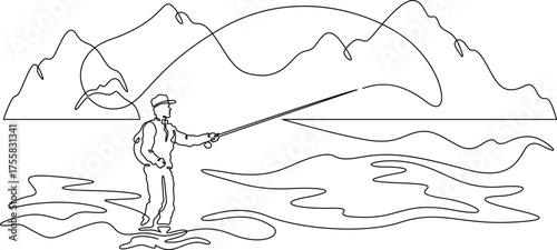 Continuous single line drawing A fisherman casts his fishing tackle. Spinning fishing. A fisherman in the water. Fly fishing. Linear . One continuous line isolated minimalist illustration. Not AI.