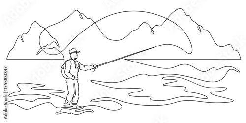 Continuous single line drawing A fisherman casts his fishing tackle. Spinning fishing. A fisherman in the water. Fly fishing. Linear . One continuous line isolated minimalist illustration. Not AI.