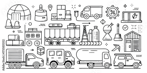 Diverse transportation and logistics icons collection for commercial and industrial use