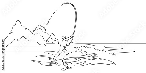 Continuous single line drawing A fisherman casts his fishing tackle. Spinning fishing. A fisherman in the water. Fly fishing. Linear . One continuous line isolated minimalist illustration. Not AI.