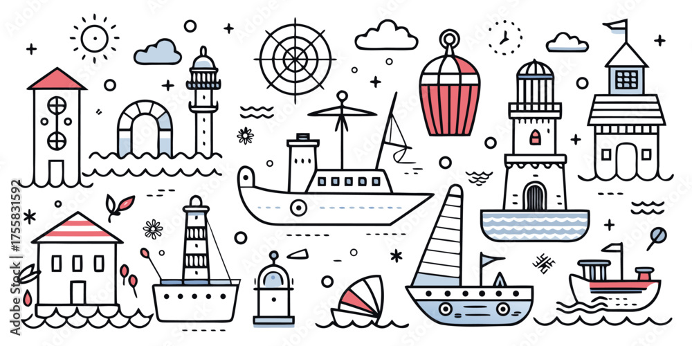 Fototapeta premium Collection of charming nautical elements including lighthouses boats and a compass rose