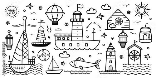 Whimsical nautical sketch collection featuring ships lighthouses and coastal elements