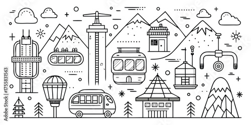 Montage of aerial tramways gondolas and mountain transportation elements