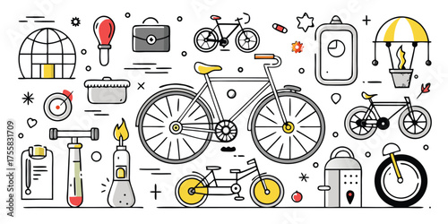 Diverse collection of sketchy transportation and activity icons for creative projects
