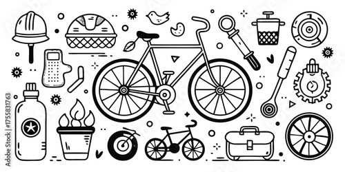 Assortment of transportation and tools bicycle retro style hand drawn elements