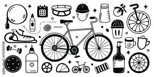 Collection of bicycle parts and accessories doodle art set for cycling enthusiasts