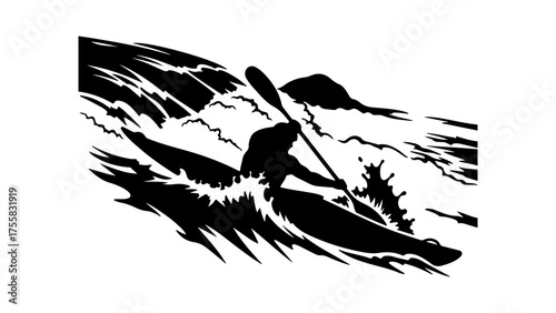 Kayaker paddling through rough waves with transparent background