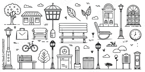 Charming hand-drawn sketch of urban elements featuring bicycles benches and street lamps