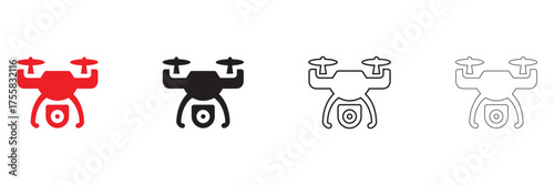 Drone Quadro copter vector icon set, drone with camera vector, silhouette and line art