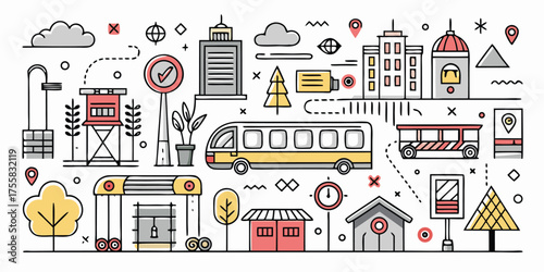Urban scene elements collection featuring transportation buildings and street furniture line art style
