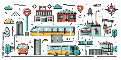 Urban transportation collection featuring buses tram and city buildings in a stylized drawing