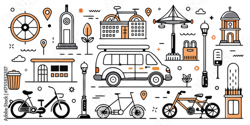 Cityscape icons featuring vehicles buildings and street elements for urban design