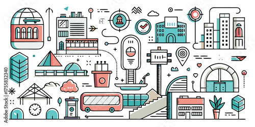 Modern cityscape with buildings transportation elements and green spaces line art design