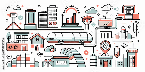 Diverse transportation and city elements collage modern line art style with subtle color accents