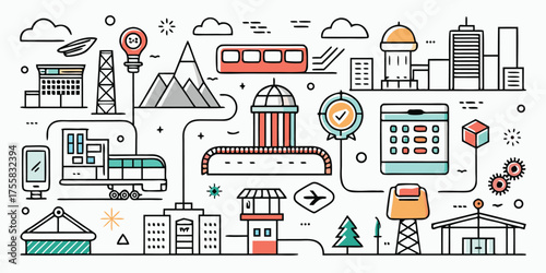 Modern city infrastructure and transportation network concept art with line drawings