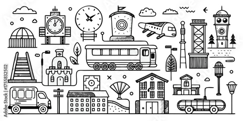 Vintage transportation and cityscape elements in a whimsical line art style