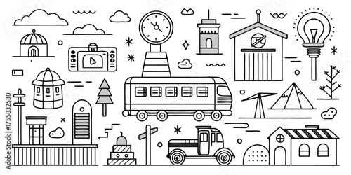 Collection of doodle style transportation and city icons with train and truck