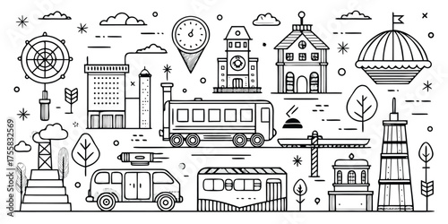 Urban transportation and city landmarks line art collection for design projects