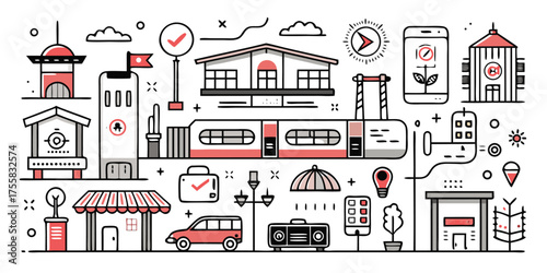 Modern cityscape montage featuring transportation vehicles buildings and urban elements