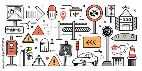 Collection of hand-drawn traffic signs signals and vehicles for road safety and navigation
