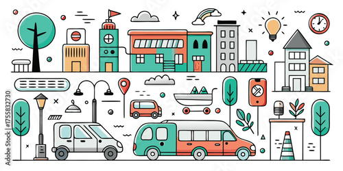 Colorful cartoon cityscape with vehicles buildings trees and street elements