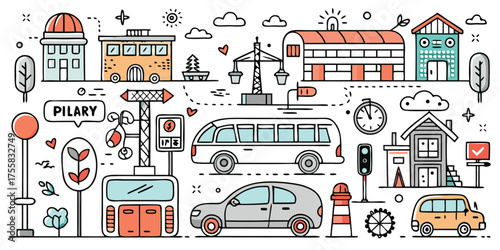Doodle style city elements featuring transportation buildings and vehicles for kids learning