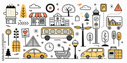 Doodle style city elements featuring cars buses buildings trees and traffic signs for education