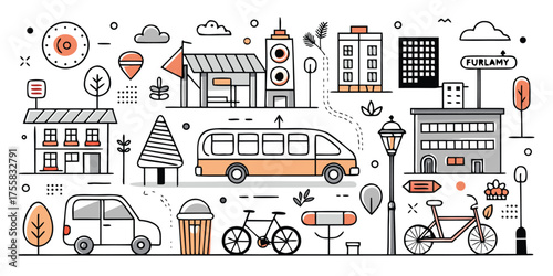 Urban street scene featuring vehicles buildings bicycles and city elements doodle style