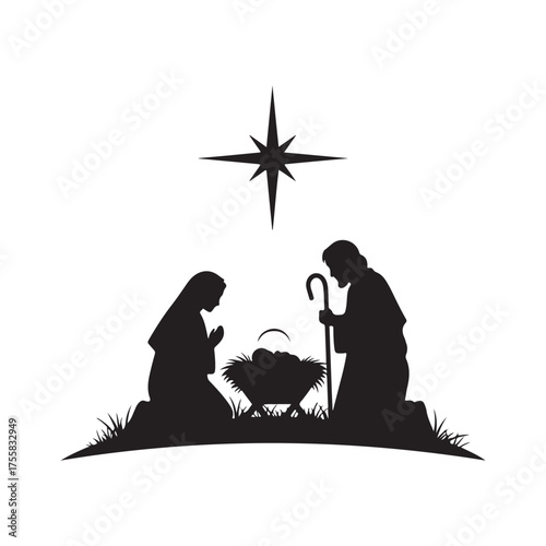Minimalist Black Silhouette Nativity Scene with Holy Family and Star