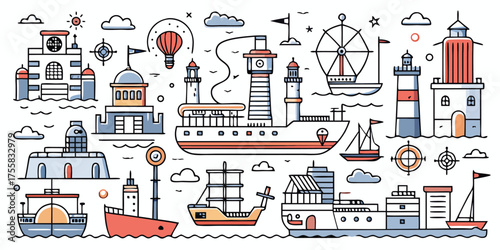 Nautical whimsy doodle art featuring ships lighthouses and coastal scenery