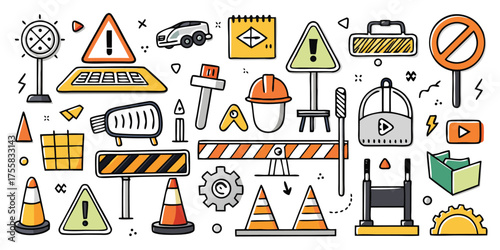Collection of construction and warning symbols traffic cones barriers safety equipment and tools