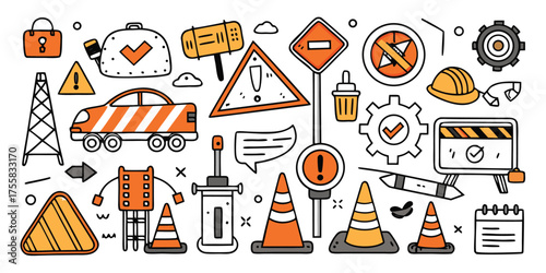 Collection of construction and safety icons traffic cones warning signs and tools for design