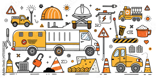 Collection of construction and transportation vehicle icons and elements