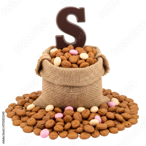 Dutch holiday Sinterklaas. Background with traditional food - pepernoten, chocol, spilling from burlap, with chocolate letter and shiny coins celebrating festive holiday traditions and joyful moments 