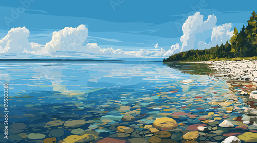 Vector illustration of clear water of an endless lake with pebbles on the shore and a blue sky with white clouds